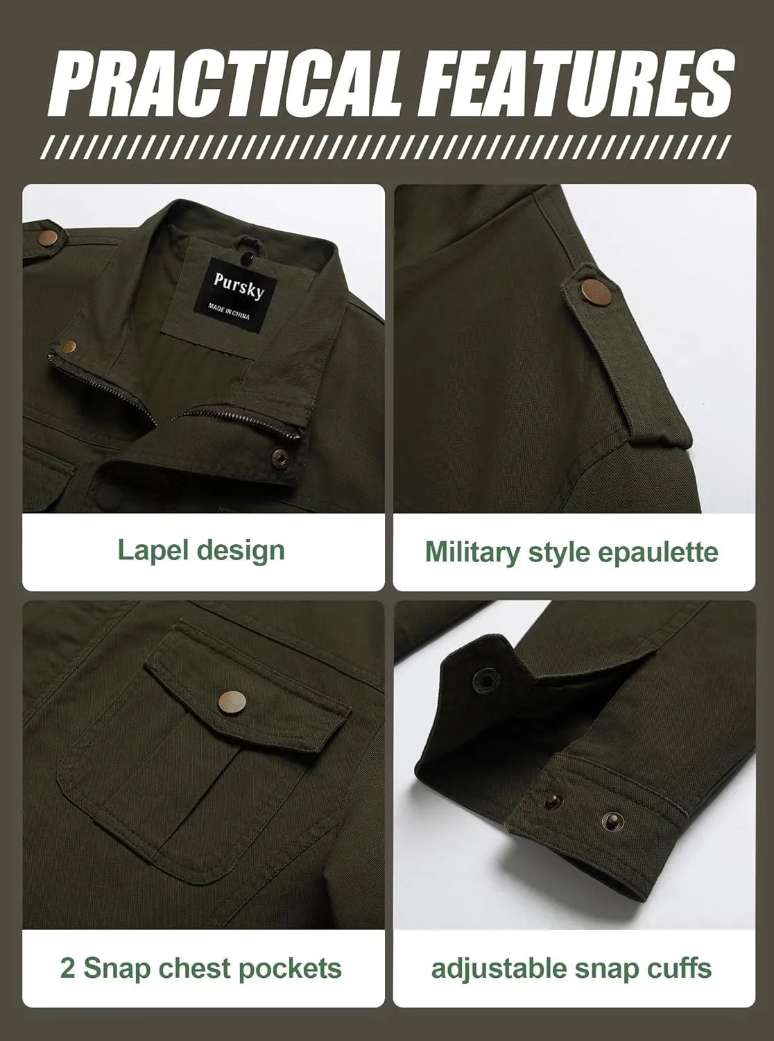 Pursky Men's Military Jacket Casual Washed Cotton Hooded Canvas Coat Fall Coat