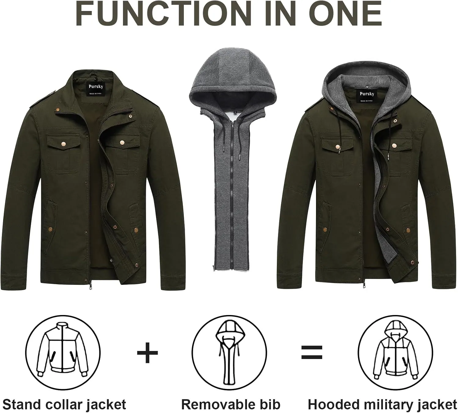 Pursky Men's Military Jacket Casual Washed Cotton Hooded Canvas Coat Fall Coat