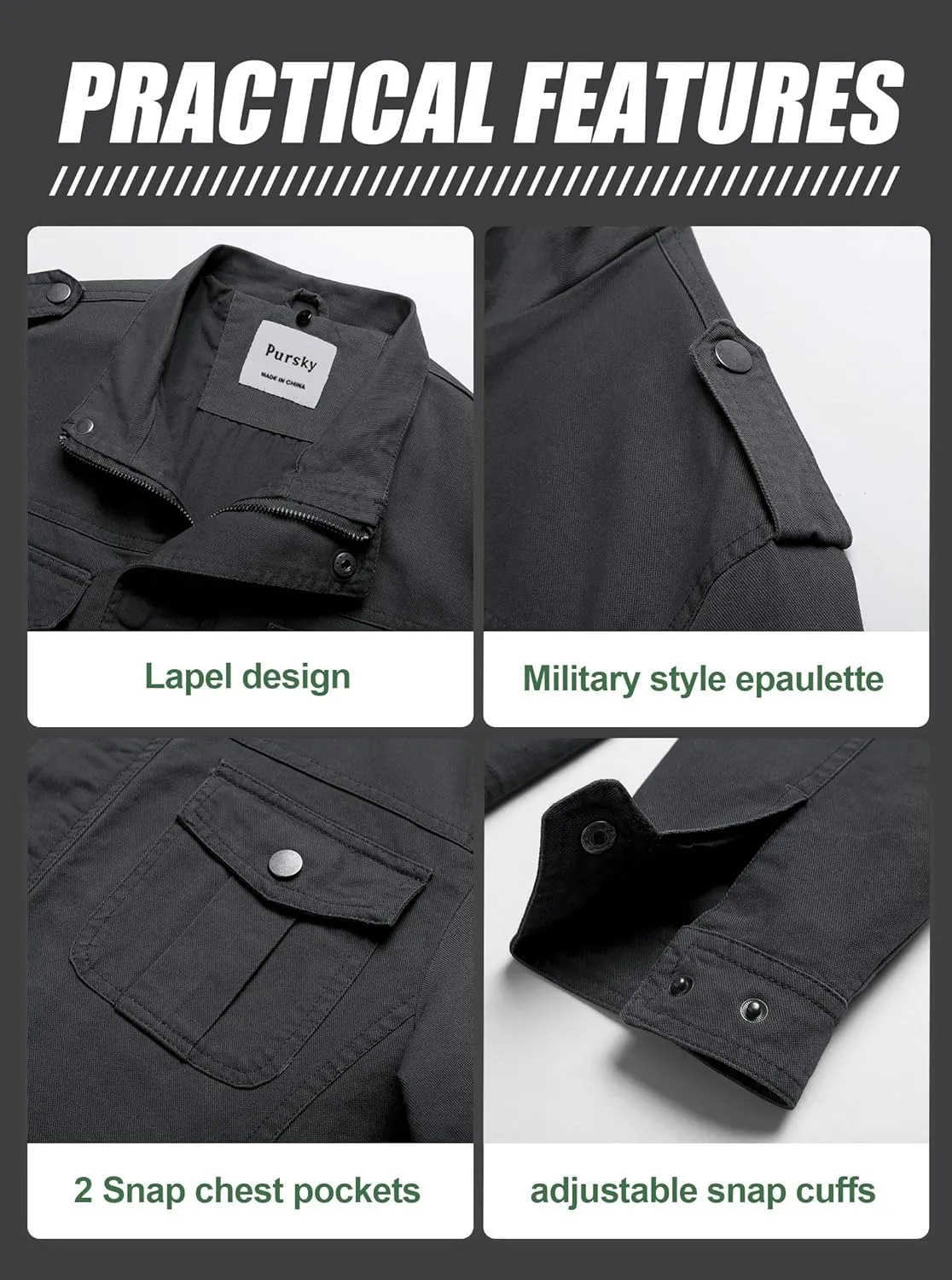 Pursky Men's Military Jacket Casual Washed Cotton Hooded Canvas Coat Fall Coat