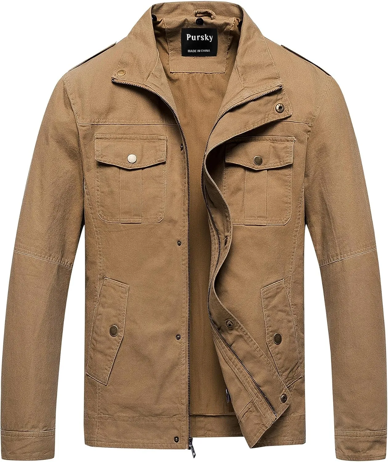 Pursky Men's Military Jacket Casual Washed Cotton Hooded Canvas Coat Fall Coat