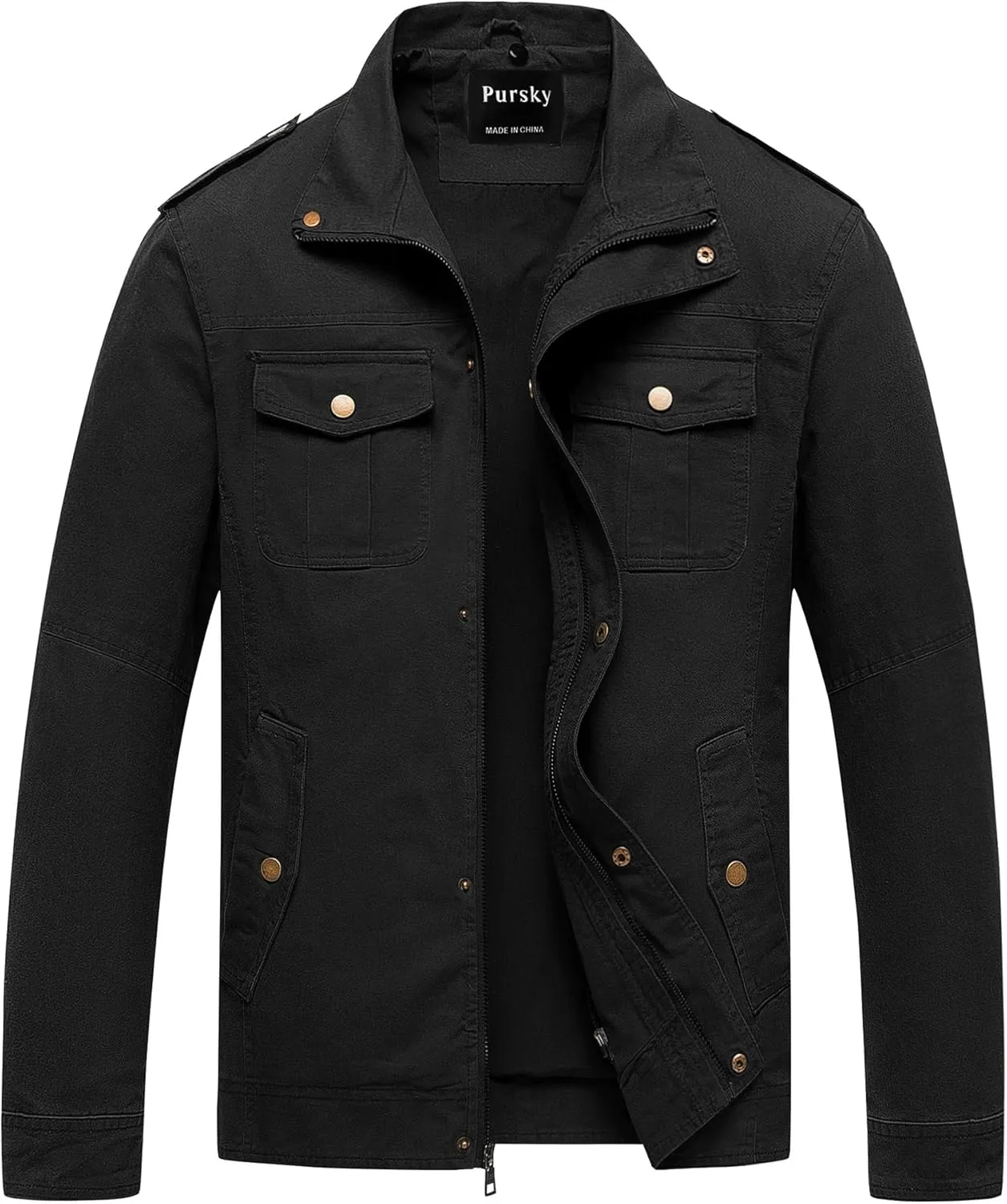 Pursky Men's Military Jacket Casual Washed Cotton Hooded Canvas Coat Fall Coat