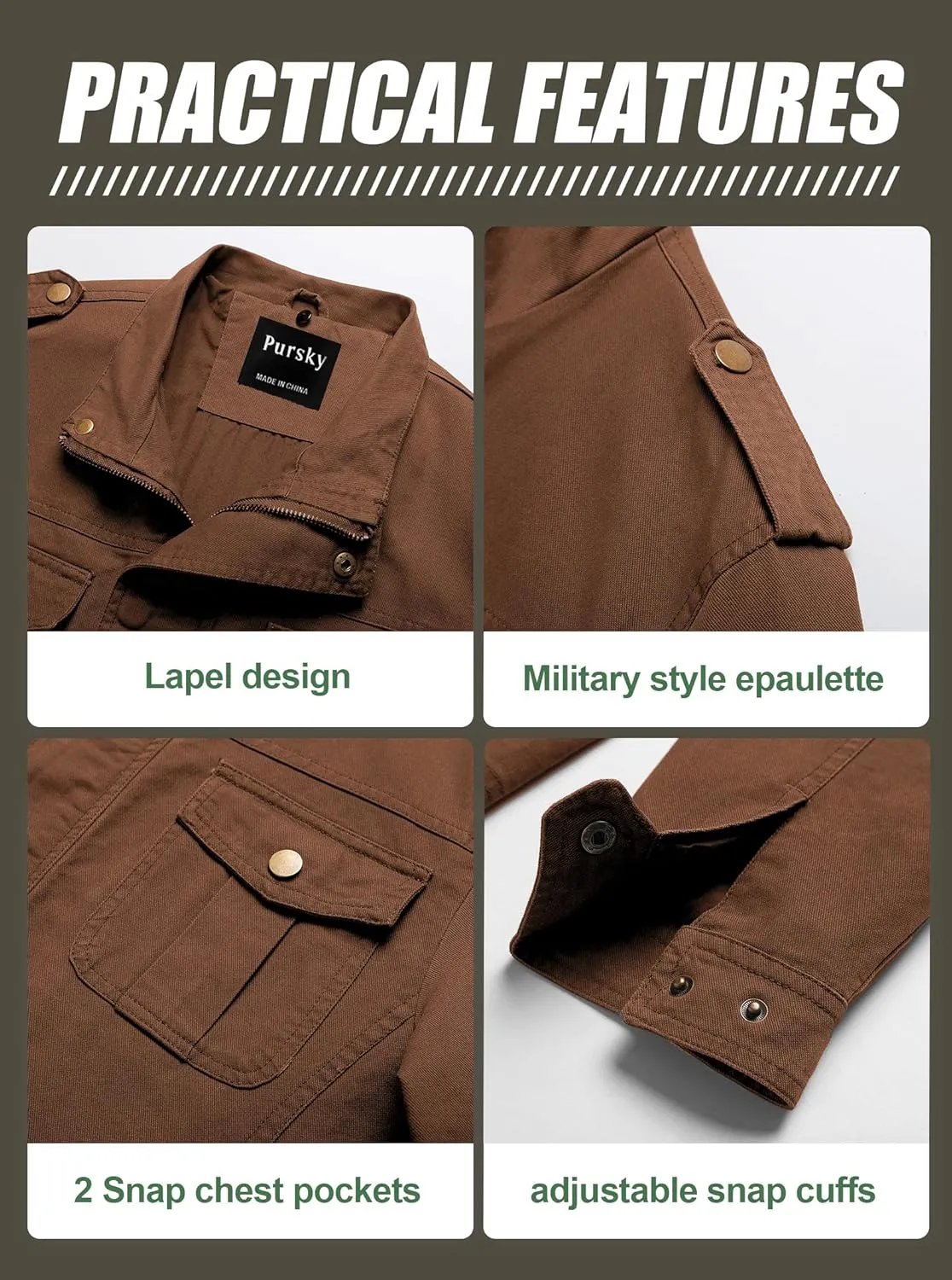 Pursky Men's Military Jacket Casual Washed Cotton Hooded Canvas Coat Fall Coat