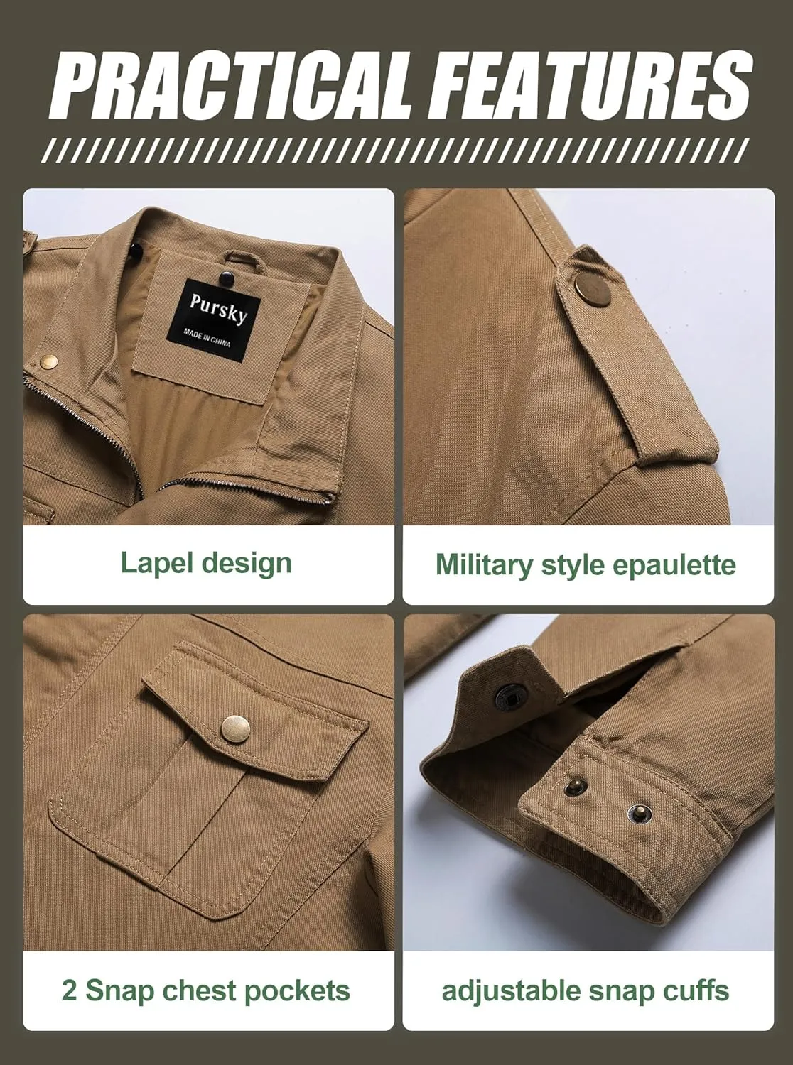 Pursky Men's Military Jacket Casual Washed Cotton Hooded Canvas Coat Fall Coat
