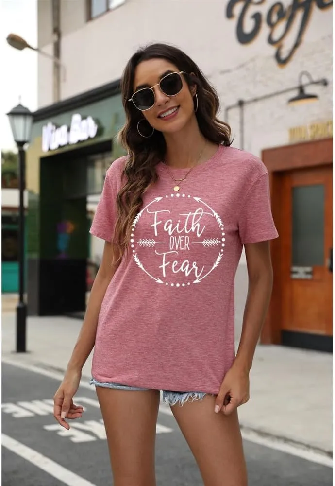 Qrupoad Womens Faith Over Fear T Shirt Summer Casual Christian Religious Inspirational Spiritual Graphic Tees Tops