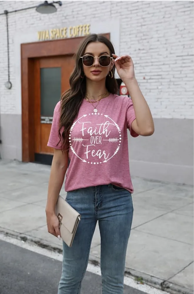 Qrupoad Womens Faith Over Fear T Shirt Summer Casual Christian Religious Inspirational Spiritual Graphic Tees Tops