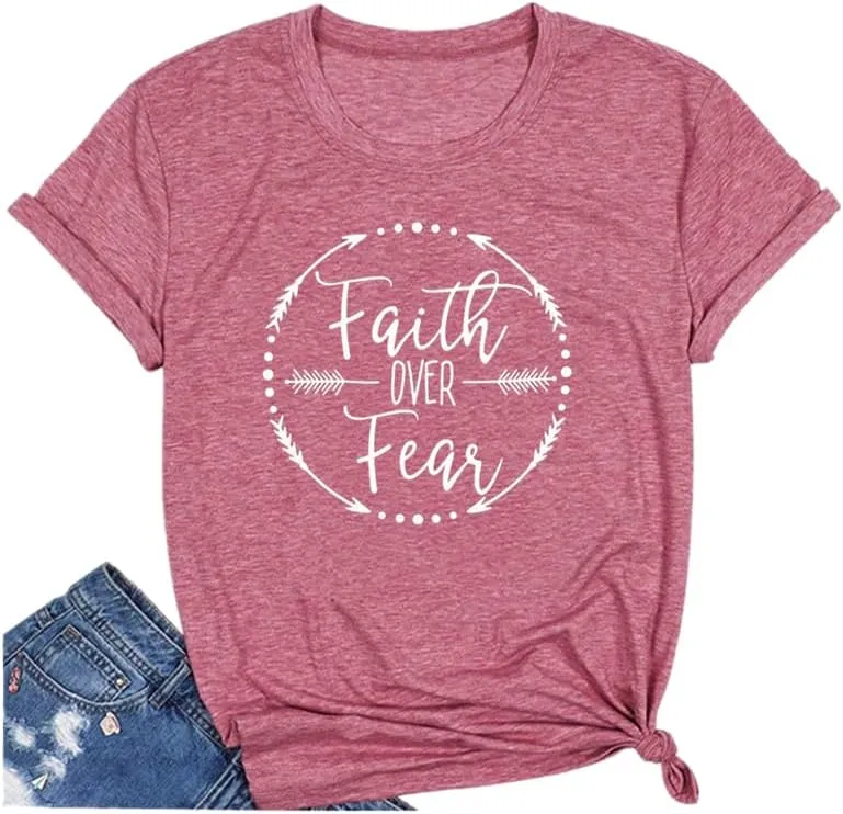 Qrupoad Womens Faith Over Fear T Shirt Summer Casual Christian Religious Inspirational Spiritual Graphic Tees Tops