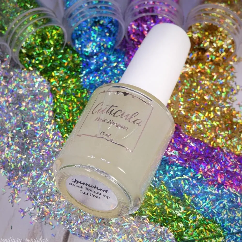 Quenched glitter smoothing top coat