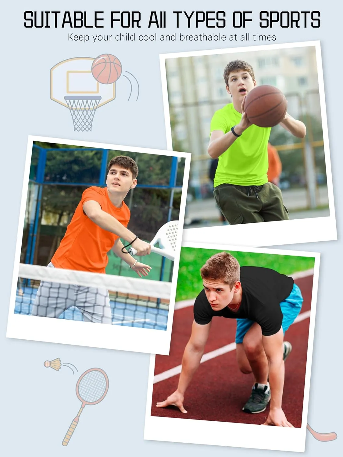 QWE 5 Pack Boys Shirts Youth Dry Fit Shirts Athletic Short Sleeve T-Shirt Boys' Activewear Tops for Youth Teens 5-18 Years
