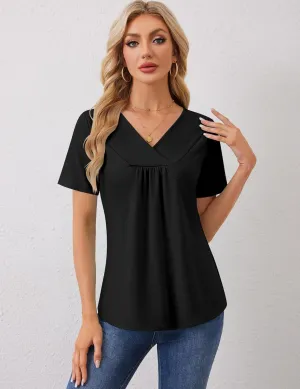 Rapbin Womens Short Sleeve Tunic Tops Dressy V Neck T Shirts Loose Fit Summer Pleated Blouses 2025