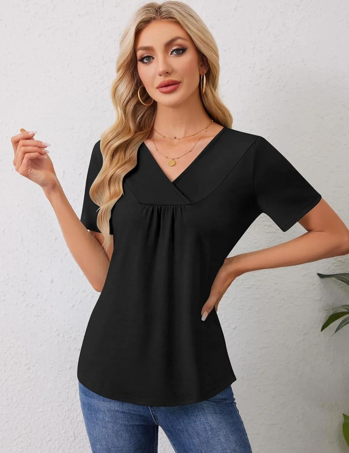 Rapbin Womens Short Sleeve Tunic Tops Dressy V Neck T Shirts Loose Fit Summer Pleated Blouses 2025
