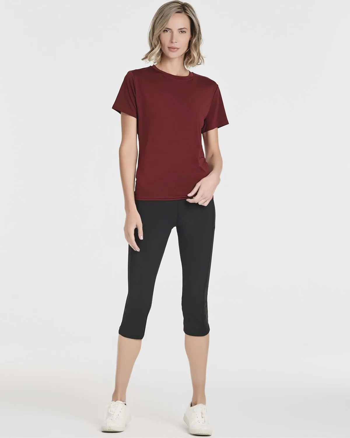 Real Essentials 5 Pack: Women's Short Sleeve Open Back Tie Back Dry-Fit T-Shirt Yoga Gym Workout Top