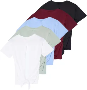 Real Essentials 5 Pack: Women's Short Sleeve Open Back Tie Back Dry-Fit T-Shirt Yoga Gym Workout Top
