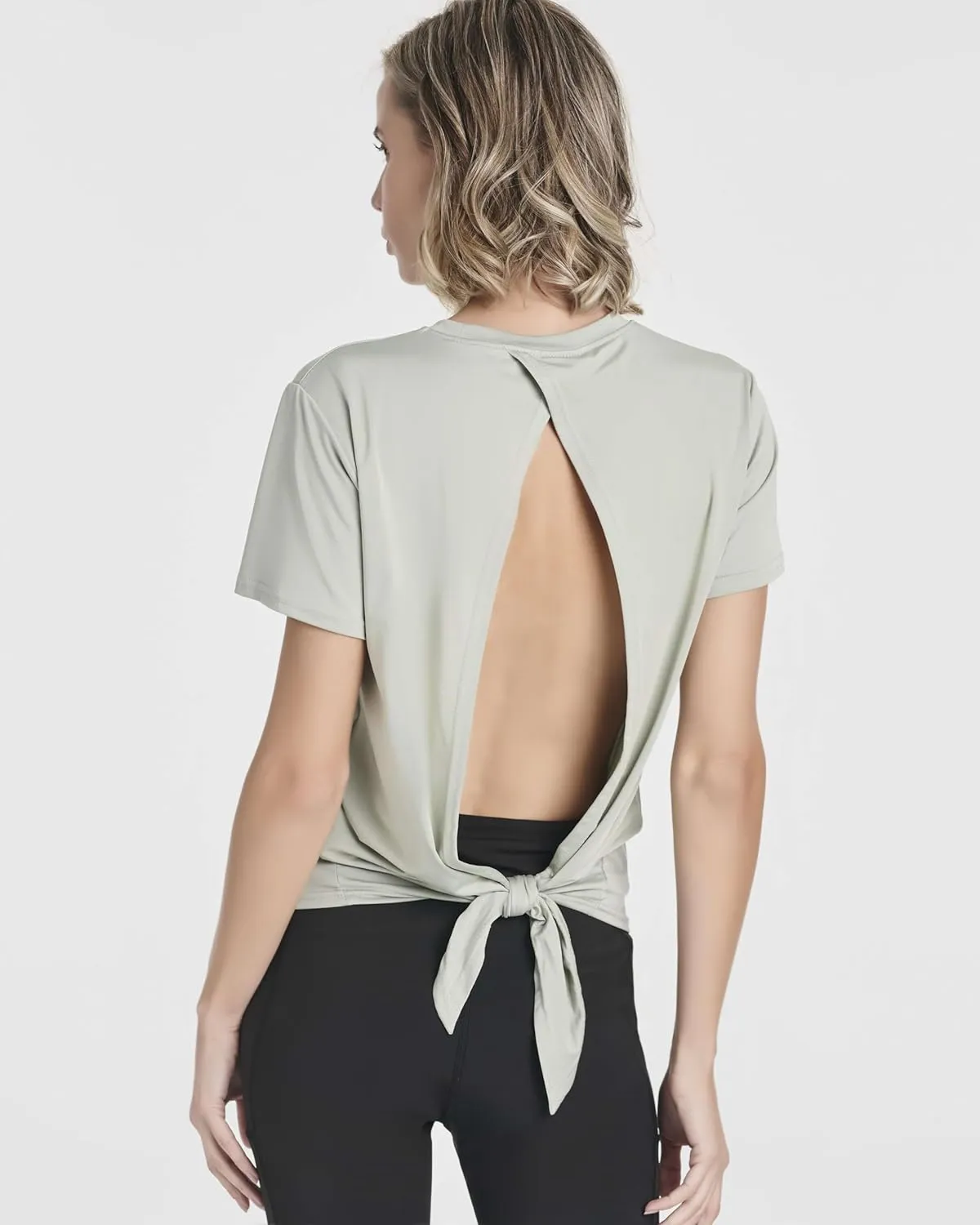 Real Essentials 5 Pack: Women's Short Sleeve Open Back Tie Back Dry-Fit T-Shirt Yoga Gym Workout Top