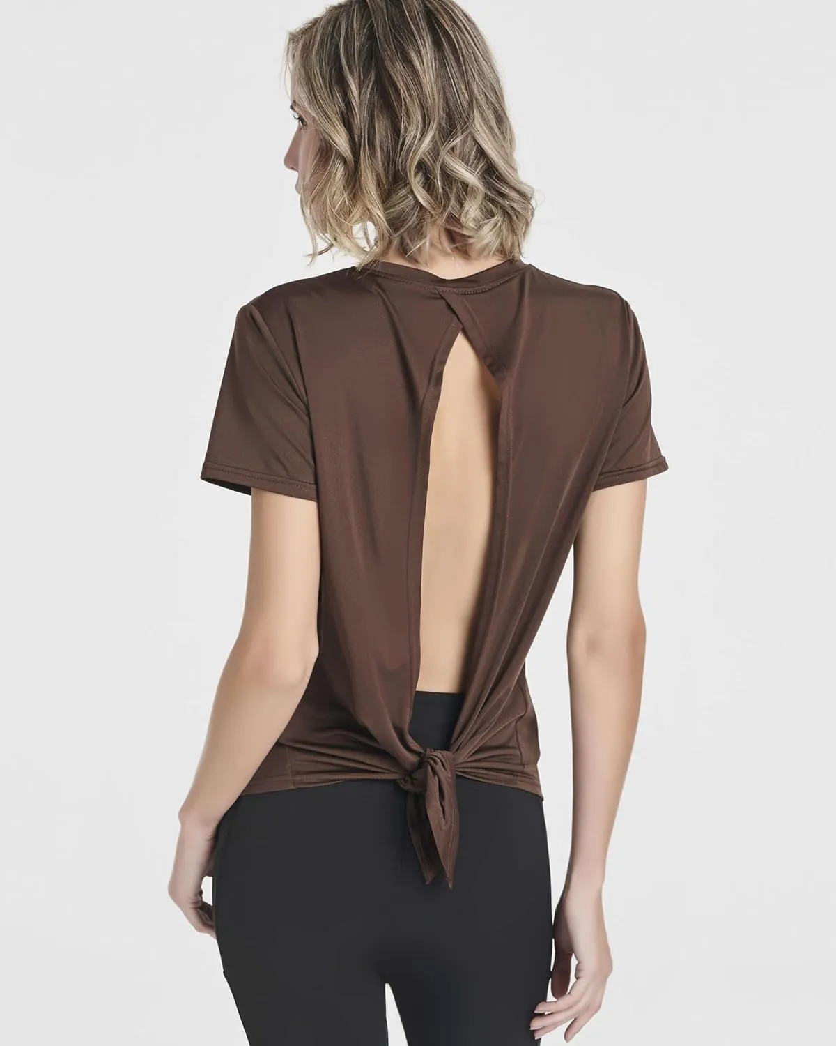 Real Essentials 5 Pack: Women's Short Sleeve Open Back Tie Back Dry-Fit T-Shirt Yoga Gym Workout Top