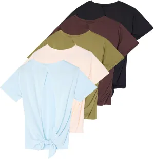 Real Essentials 5 Pack: Women's Short Sleeve Open Back Tie Back Dry-Fit T-Shirt Yoga Gym Workout Top