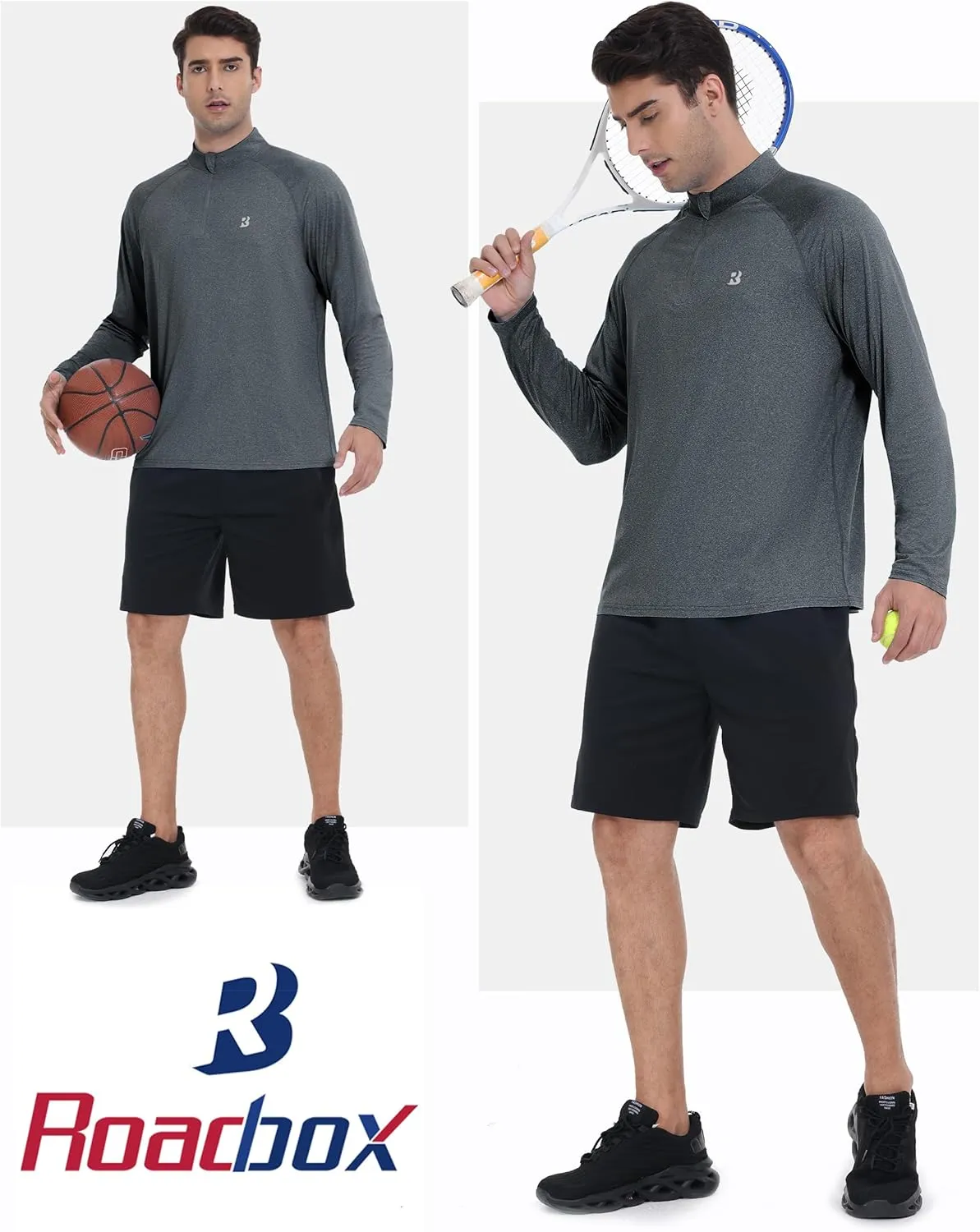 Roadbox Quarter Zip Pullover Men Sun Shirts, Running Workout Long Sleeve UV Shirt, UPF 50  Quick Dry Athletic Rash Guard
