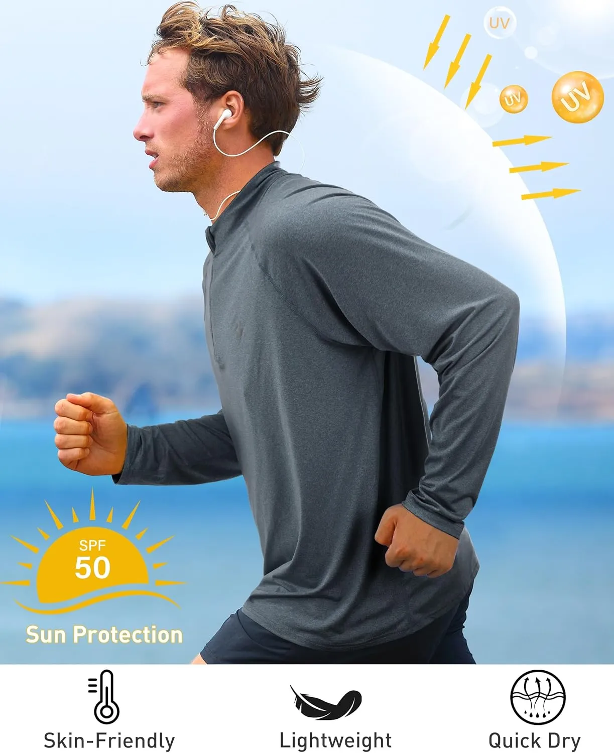 Roadbox Quarter Zip Pullover Men Sun Shirts, Running Workout Long Sleeve UV Shirt, UPF 50  Quick Dry Athletic Rash Guard