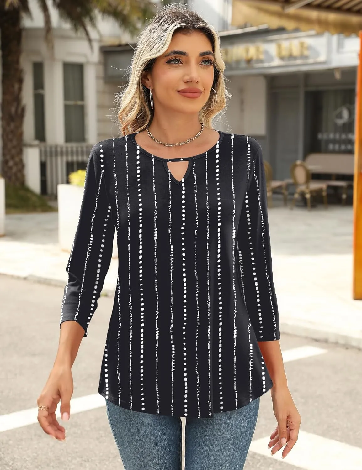 Romanstii 3/4 Length Sleeve Womens Tops Keyhole Crewneck Shirts Business Dressy Casual Tunic Blouses Summer Basic Tees