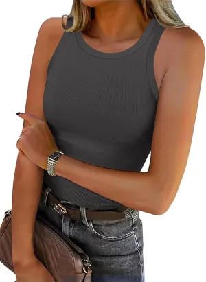 Roselux Women's Sleeveless Crew High Neck Fitted Tank Top Summer Ribbed Knit Slim Basic Cami Shirts