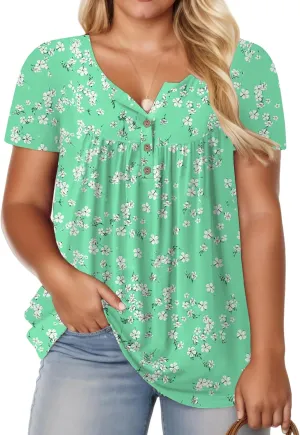 ROSRISS Womens-Plus-Size-Tops-Summer Buttons Up Henley Shirts V Neck Blouses Flowy Pleated Tunics Tee