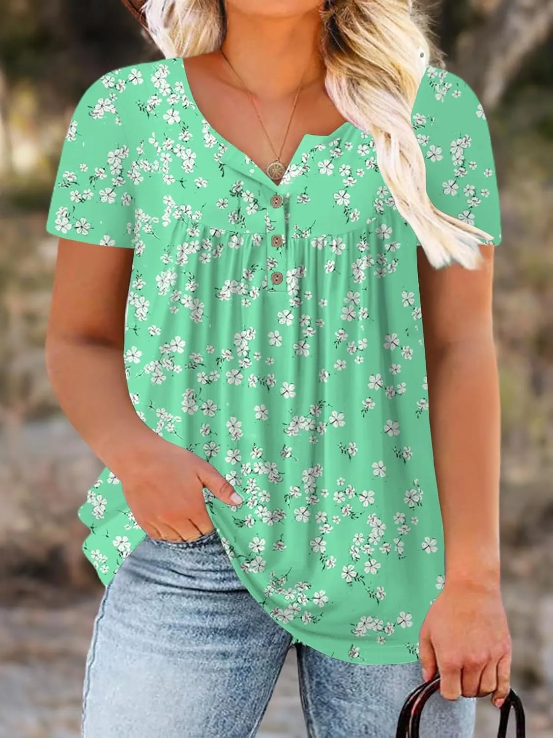 ROSRISS Womens-Plus-Size-Tops-Summer Buttons Up Henley Shirts V Neck Blouses Flowy Pleated Tunics Tee