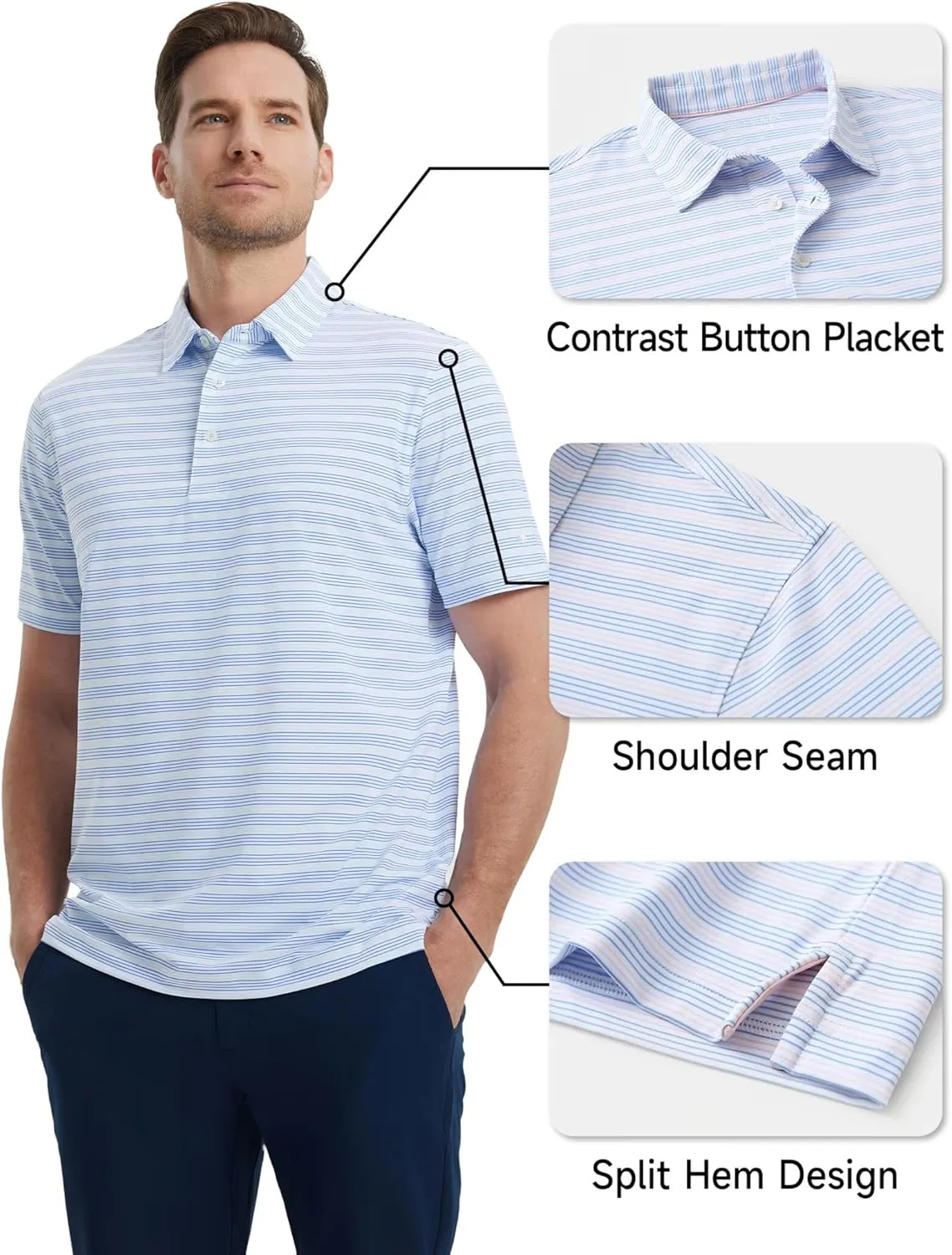 Rouen Men's Polo Shirts Short Sleeve Dry Fit Performance Wicking Moisture Causal Striped Collared Golf Shirts for Men