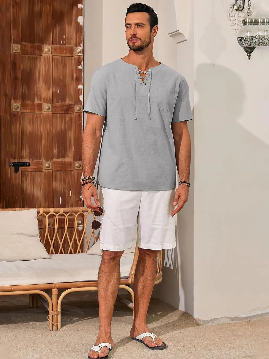 Runcati Mens Casual Henley Shirts Cotton Lace Up Short Sleeve Summer Beach Hippie V Neck Top Renaissance Pirate Shirt