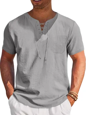 Runcati Mens Casual Henley Shirts Cotton Lace Up Short Sleeve Summer Beach Hippie V Neck Top Renaissance Pirate Shirt