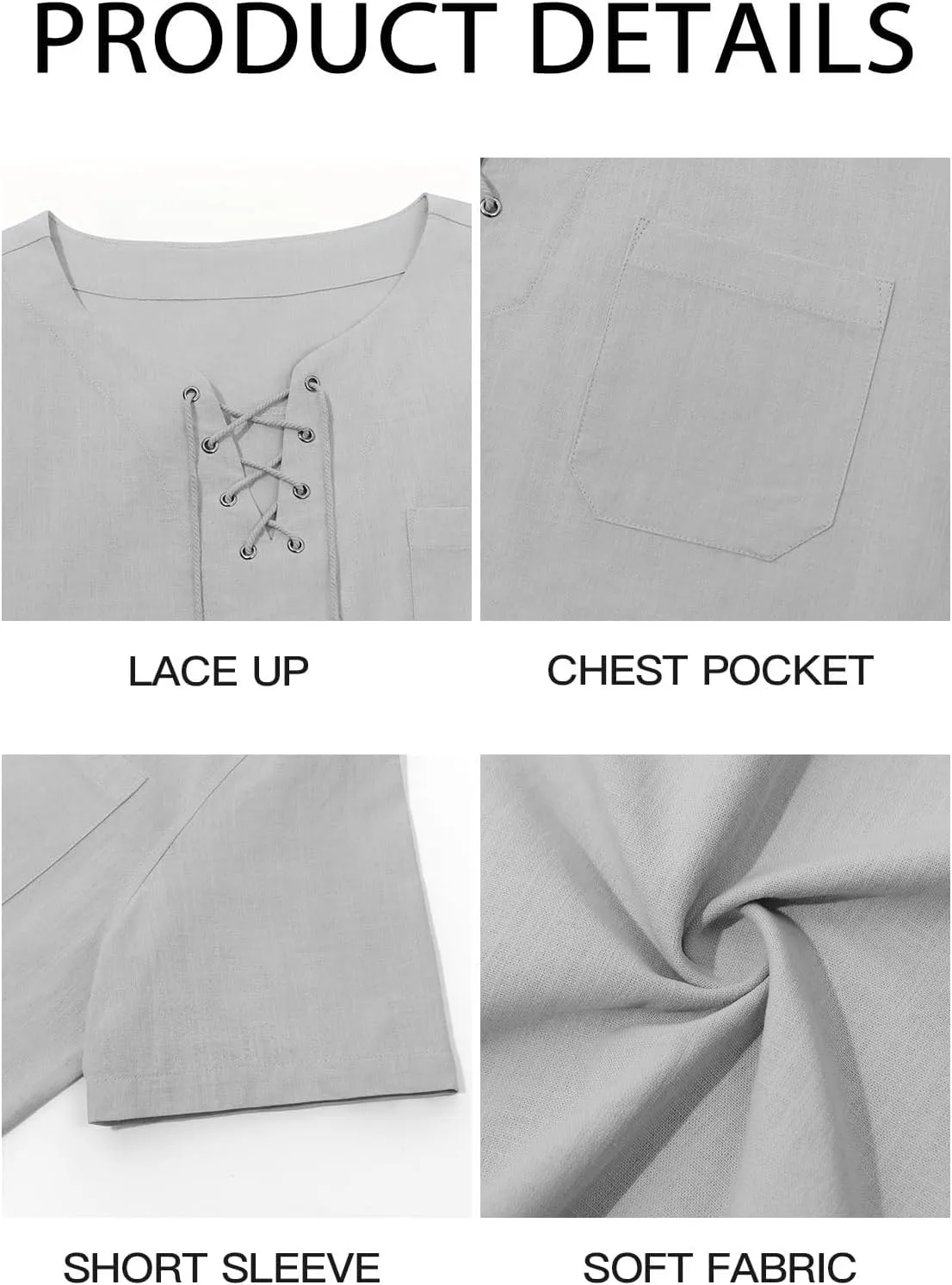 Runcati Mens Casual Henley Shirts Cotton Lace Up Short Sleeve Summer Beach Hippie V Neck Top Renaissance Pirate Shirt