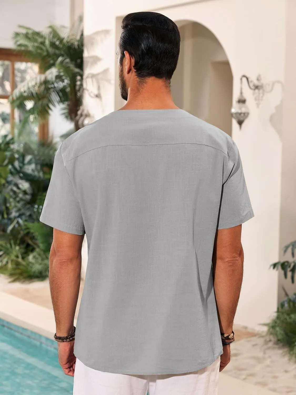 Runcati Mens Casual Henley Shirts Cotton Lace Up Short Sleeve Summer Beach Hippie V Neck Top Renaissance Pirate Shirt