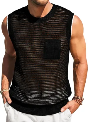 Runcati Mens Crochet Tank Tops See Through Knitted Sleeveless T-Shirts Muscle Summer Beach Hippie Shirts with Pocket