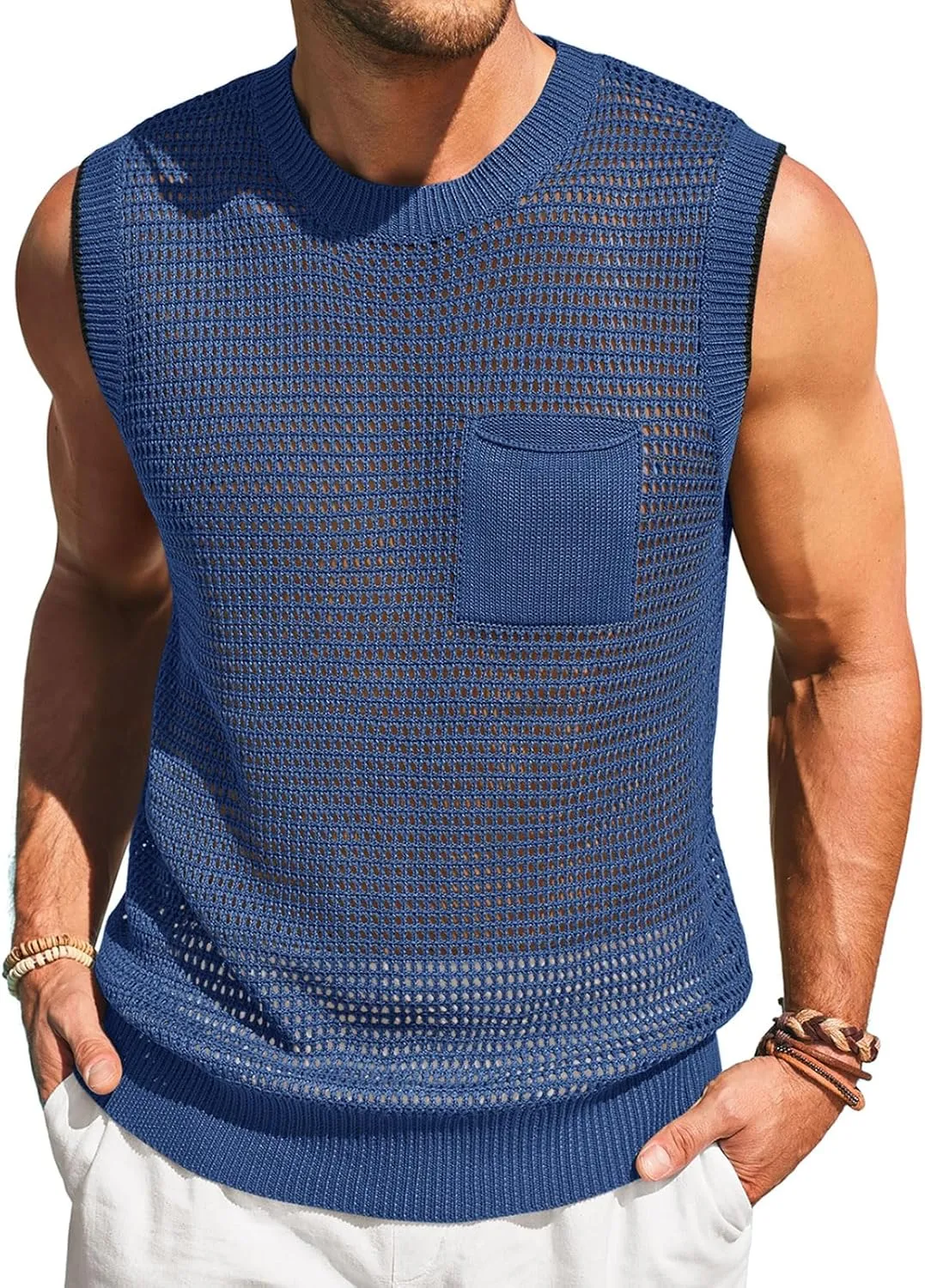 Runcati Mens Crochet Tank Tops See Through Knitted Sleeveless T-Shirts Muscle Summer Beach Hippie Shirts with Pocket