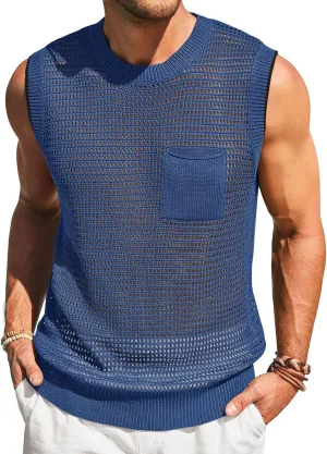 Runcati Mens Crochet Tank Tops See Through Knitted Sleeveless T-Shirts Muscle Summer Beach Hippie Shirts with Pocket