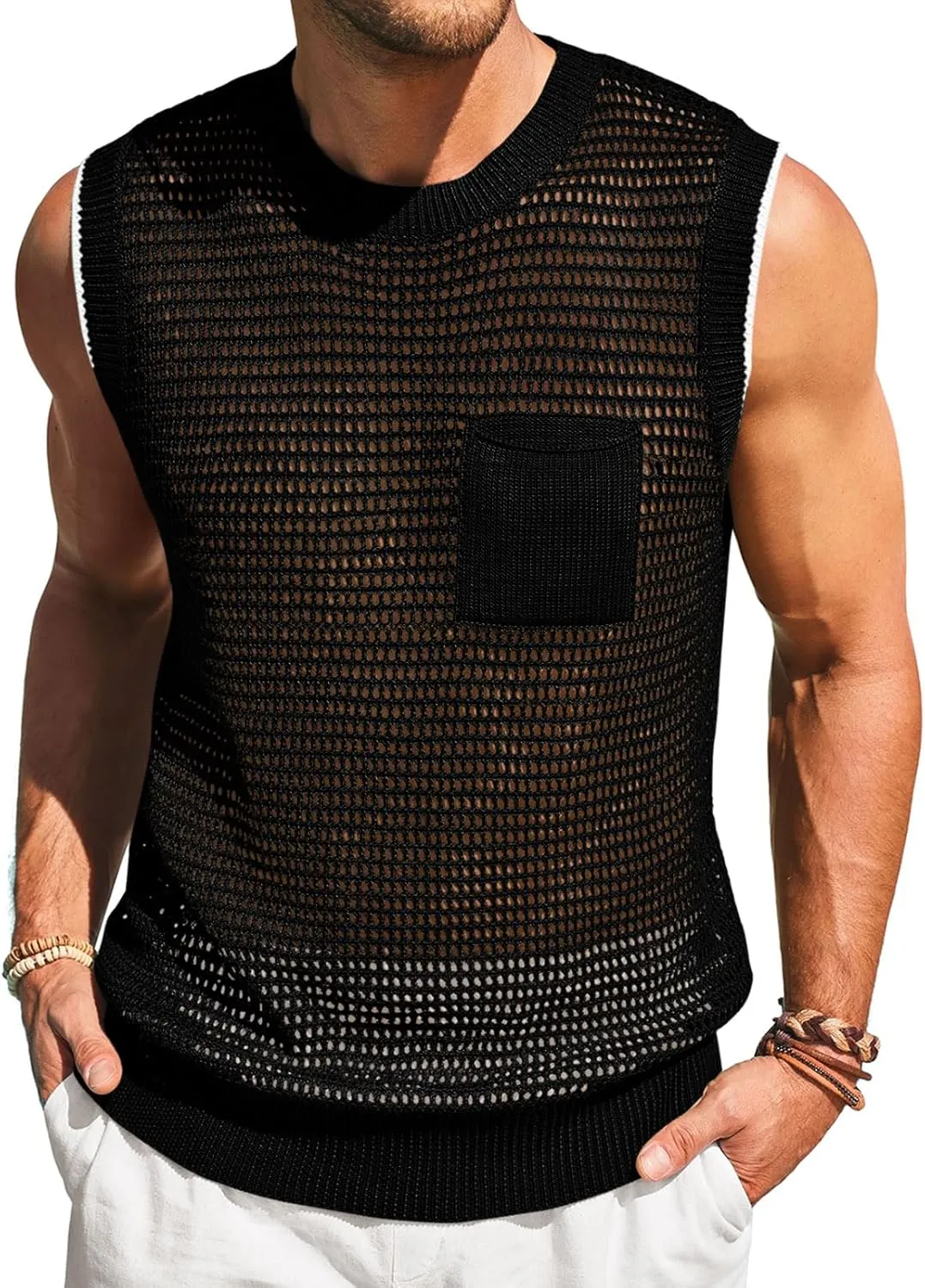 Runcati Mens Crochet Tank Tops See Through Knitted Sleeveless T-Shirts Muscle Summer Beach Hippie Shirts with Pocket