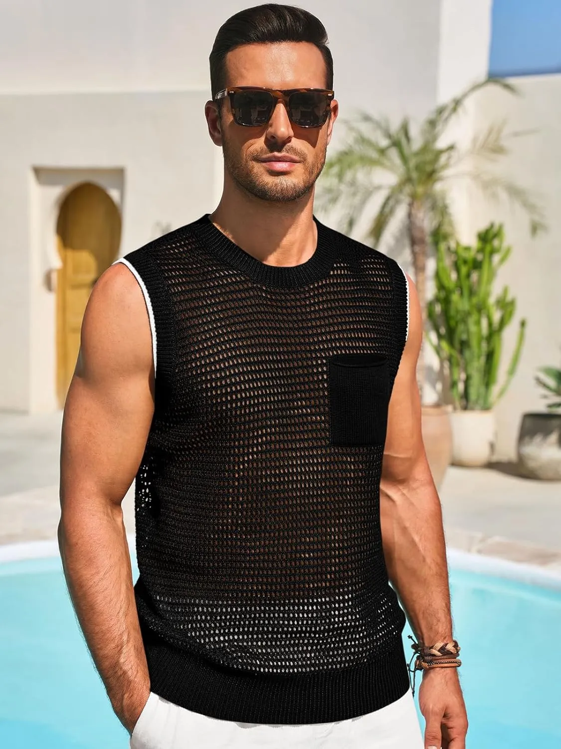 Runcati Mens Crochet Tank Tops See Through Knitted Sleeveless T-Shirts Muscle Summer Beach Hippie Shirts with Pocket