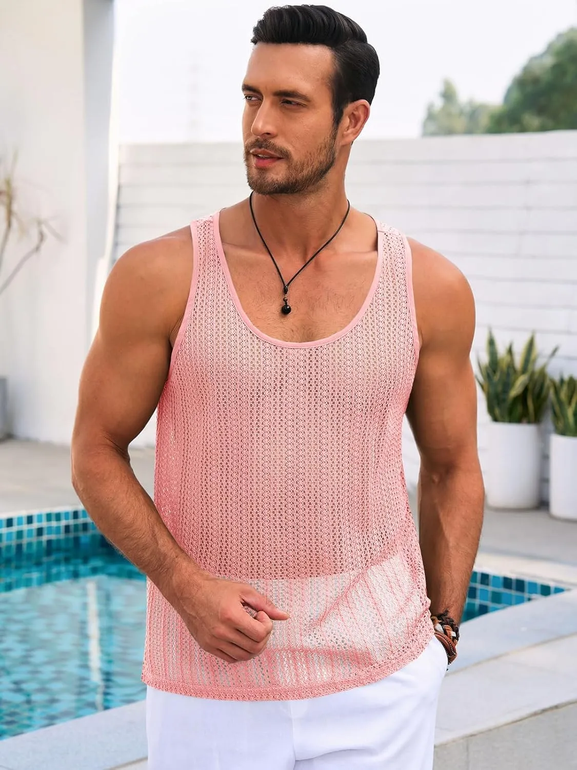 Runcati Mens Sleeveless Tank Tops Knitted Crochet See Through Hollow Out T-Shirts Muscle Summer Beach Hippie Shirts