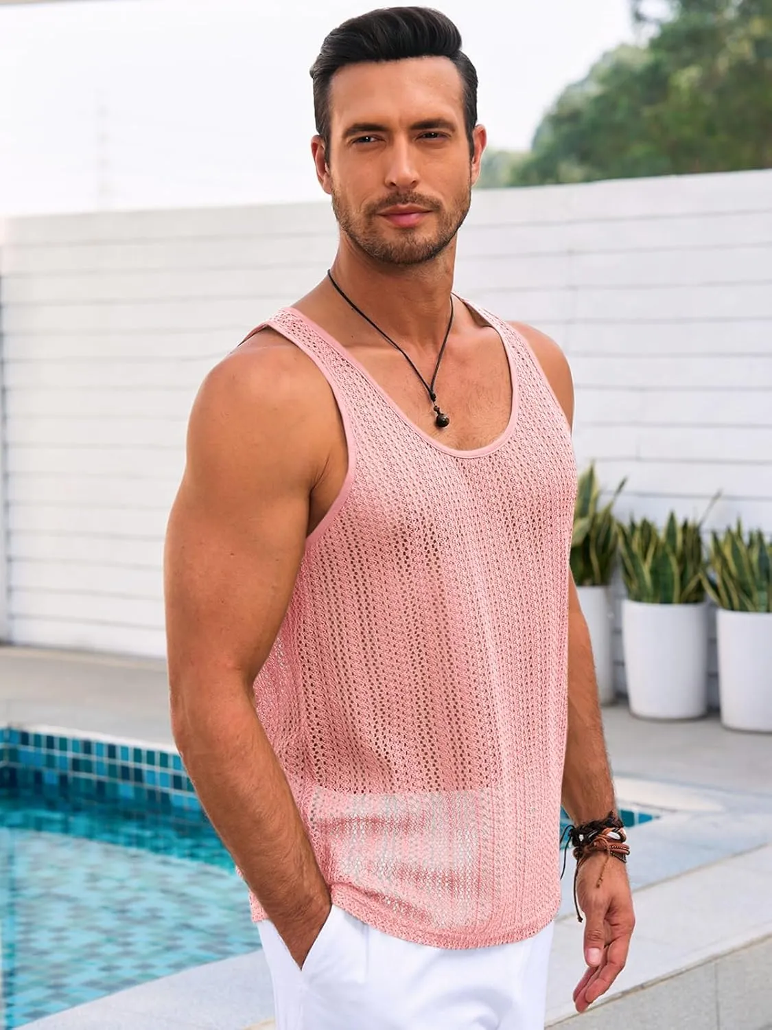 Runcati Mens Sleeveless Tank Tops Knitted Crochet See Through Hollow Out T-Shirts Muscle Summer Beach Hippie Shirts