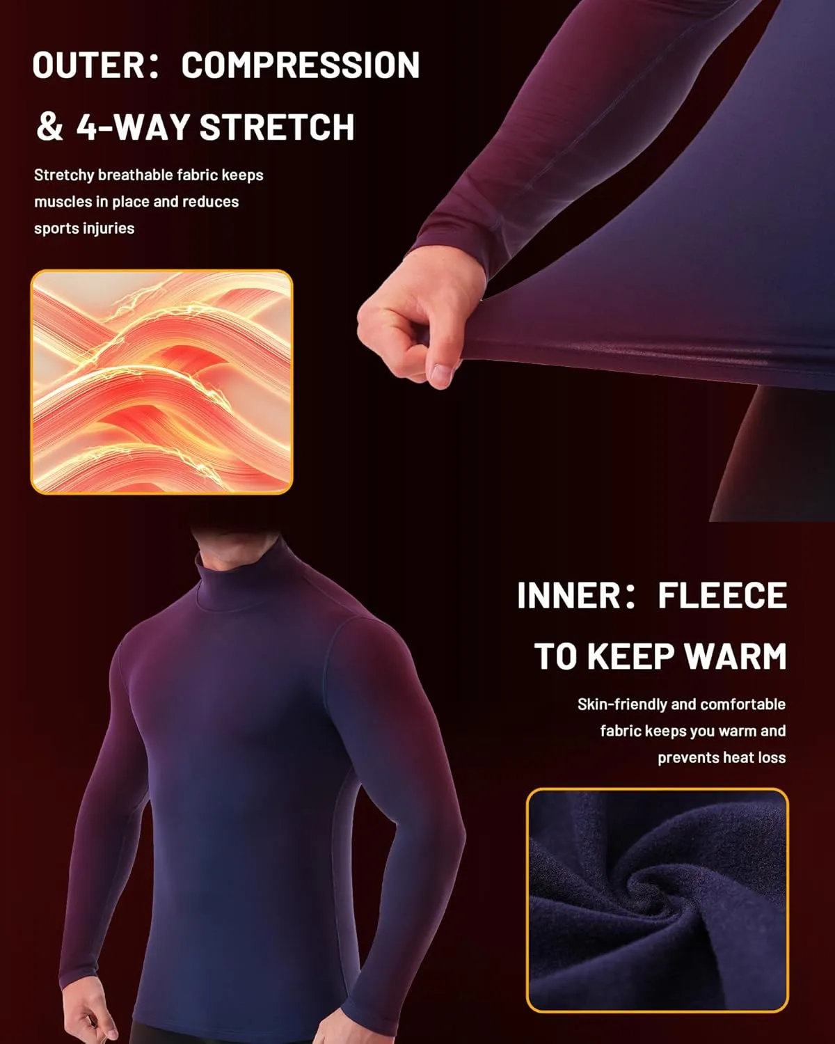Runhit Men's Thermal Compression Shirts Mock Turtleneck Long Sleeve Undershirt Fleece Lined Athletic Workout Base Layers