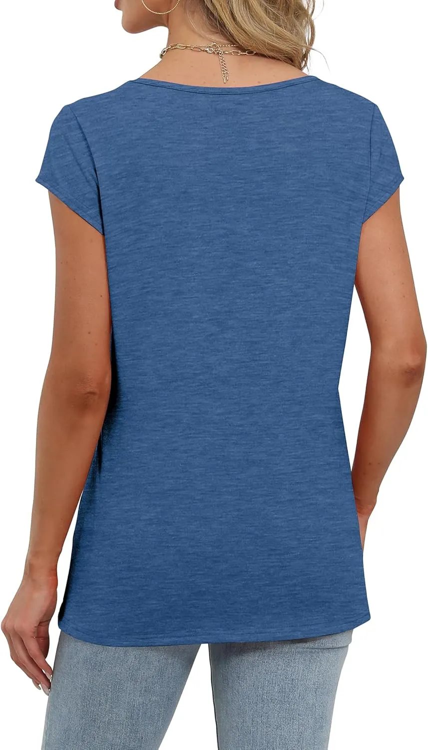 Saloogoe Womens Summer Tops 2025 Cap Sleeve U Neck T Shirts Short Sleeve Tshirts Shirts Beach Fashion Vacation Outfits