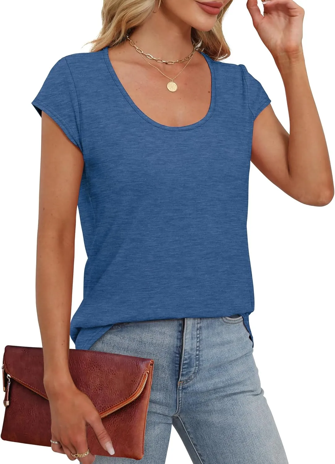 Saloogoe Womens Summer Tops 2025 Cap Sleeve U Neck T Shirts Short Sleeve Tshirts Shirts Beach Fashion Vacation Outfits