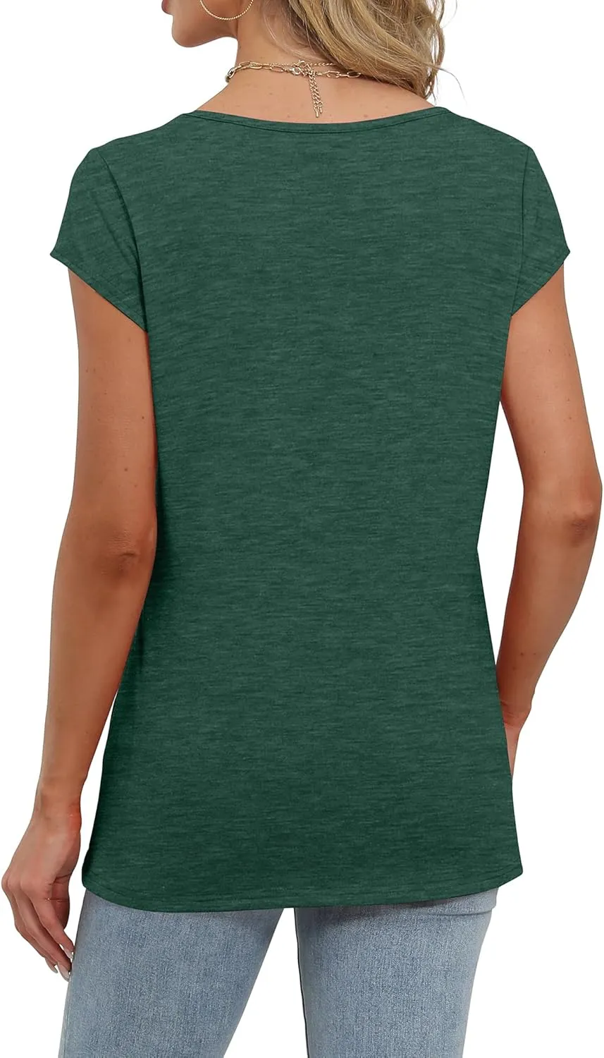 Saloogoe Womens Summer Tops 2025 Cap Sleeve U Neck T Shirts Short Sleeve Tshirts Shirts Beach Fashion Vacation Outfits