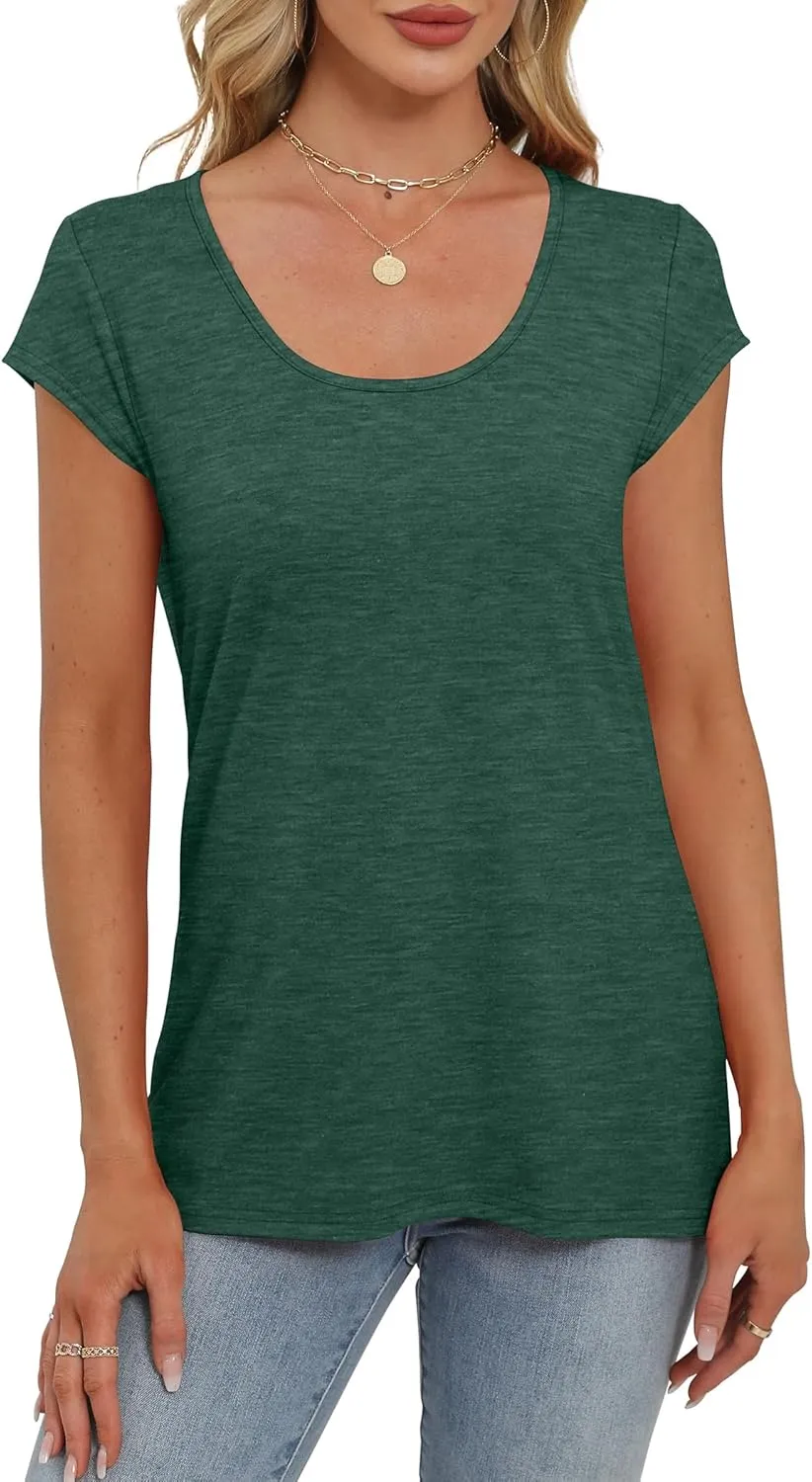 Saloogoe Womens Summer Tops 2025 Cap Sleeve U Neck T Shirts Short Sleeve Tshirts Shirts Beach Fashion Vacation Outfits
