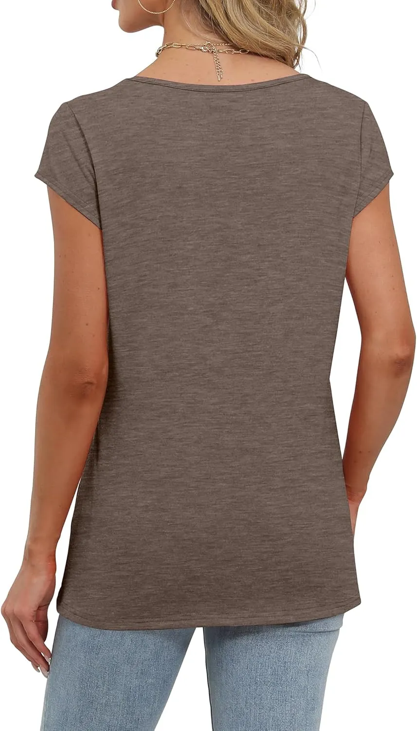 Saloogoe Womens Summer Tops 2025 Cap Sleeve U Neck T Shirts Short Sleeve Tshirts Shirts Beach Fashion Vacation Outfits