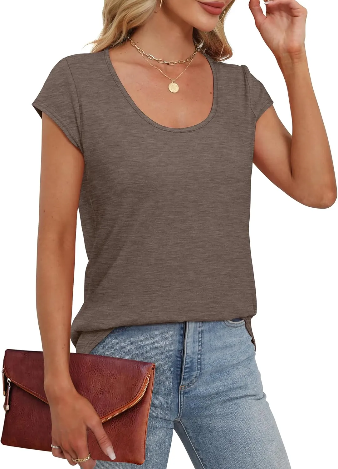 Saloogoe Womens Summer Tops 2025 Cap Sleeve U Neck T Shirts Short Sleeve Tshirts Shirts Beach Fashion Vacation Outfits