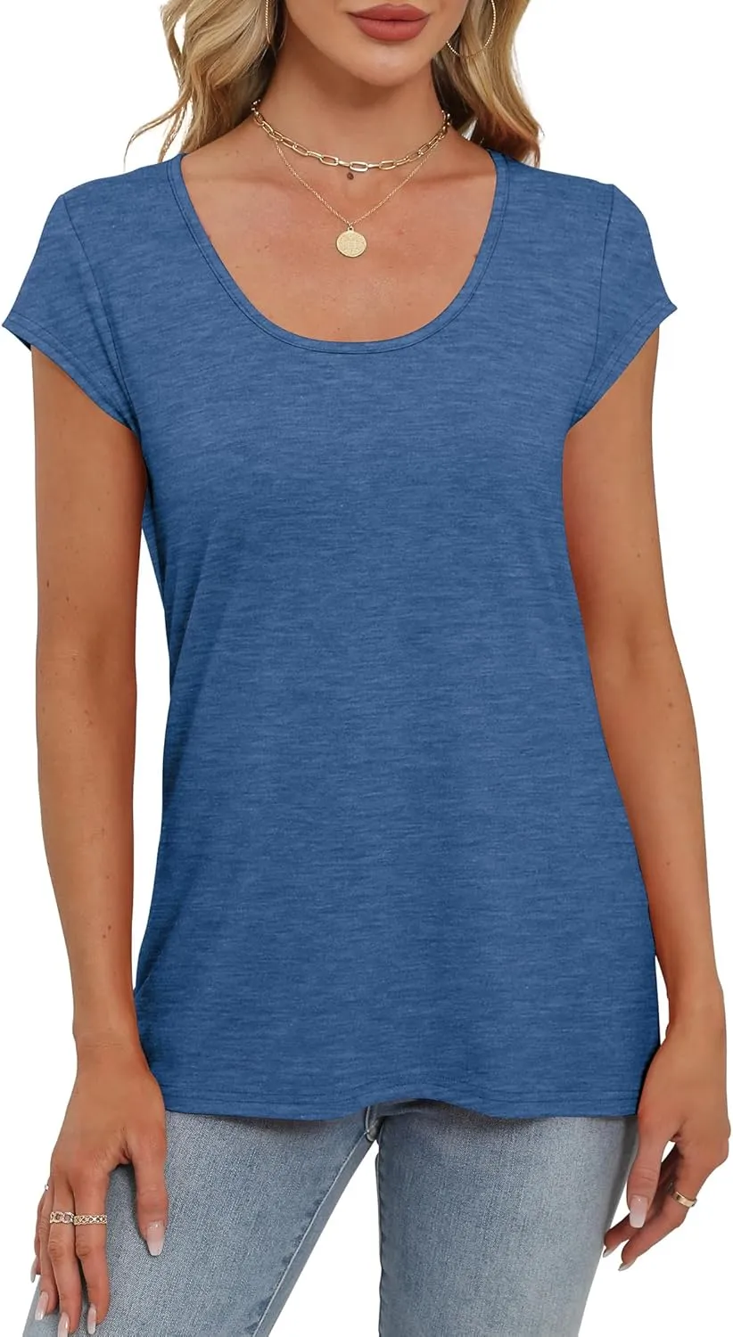 Saloogoe Womens Summer Tops 2025 Cap Sleeve U Neck T Shirts Short Sleeve Tshirts Shirts Beach Fashion Vacation Outfits