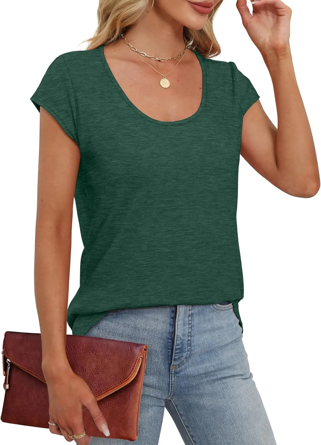 Saloogoe Womens Summer Tops 2025 Cap Sleeve U Neck T Shirts Short Sleeve Tshirts Shirts Beach Fashion Vacation Outfits