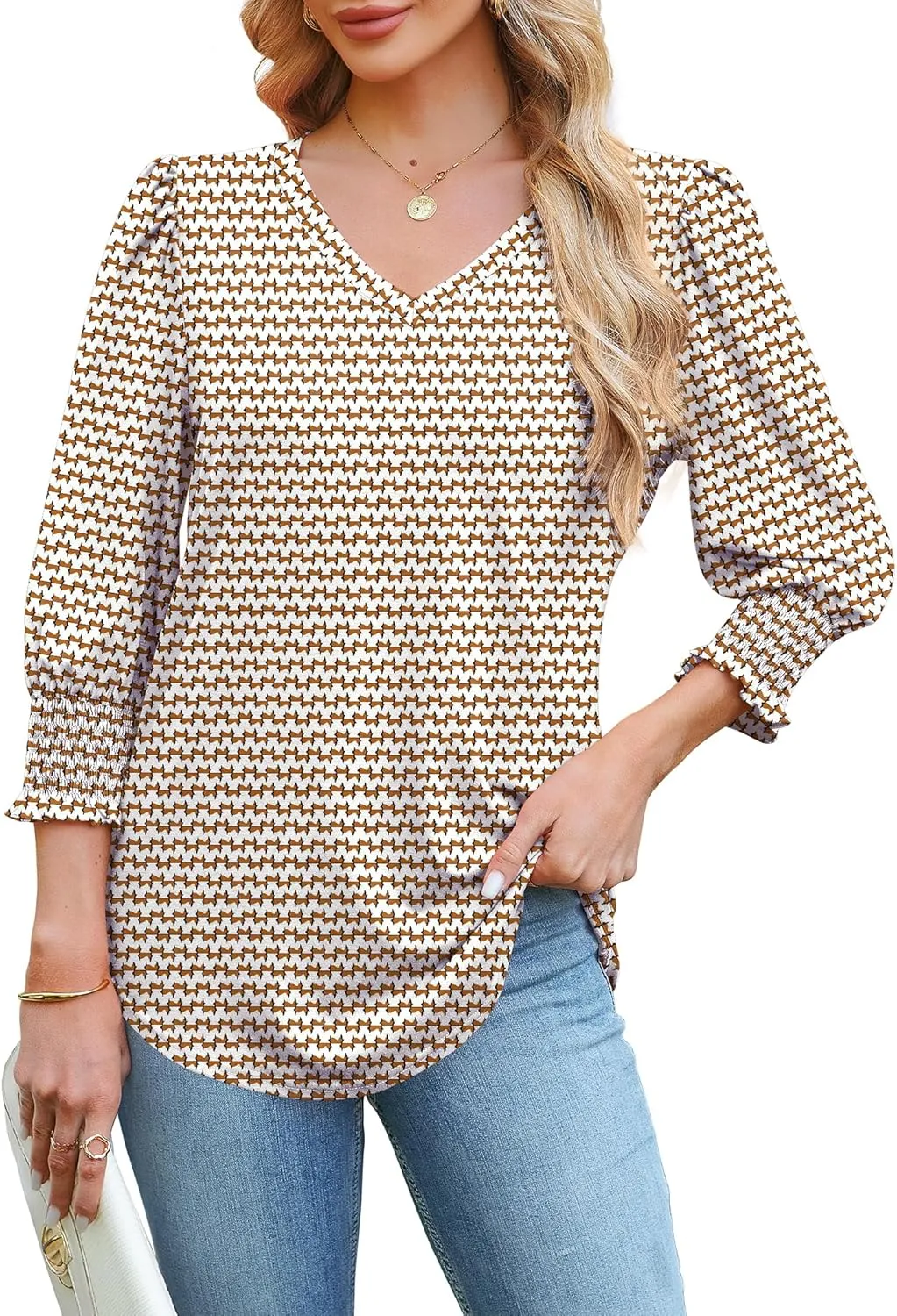 SAMPEEL 3/4 Length Sleeve Womens Tops Dressy Casual Blouses V Neck T Shirts with Smocked Cuffs