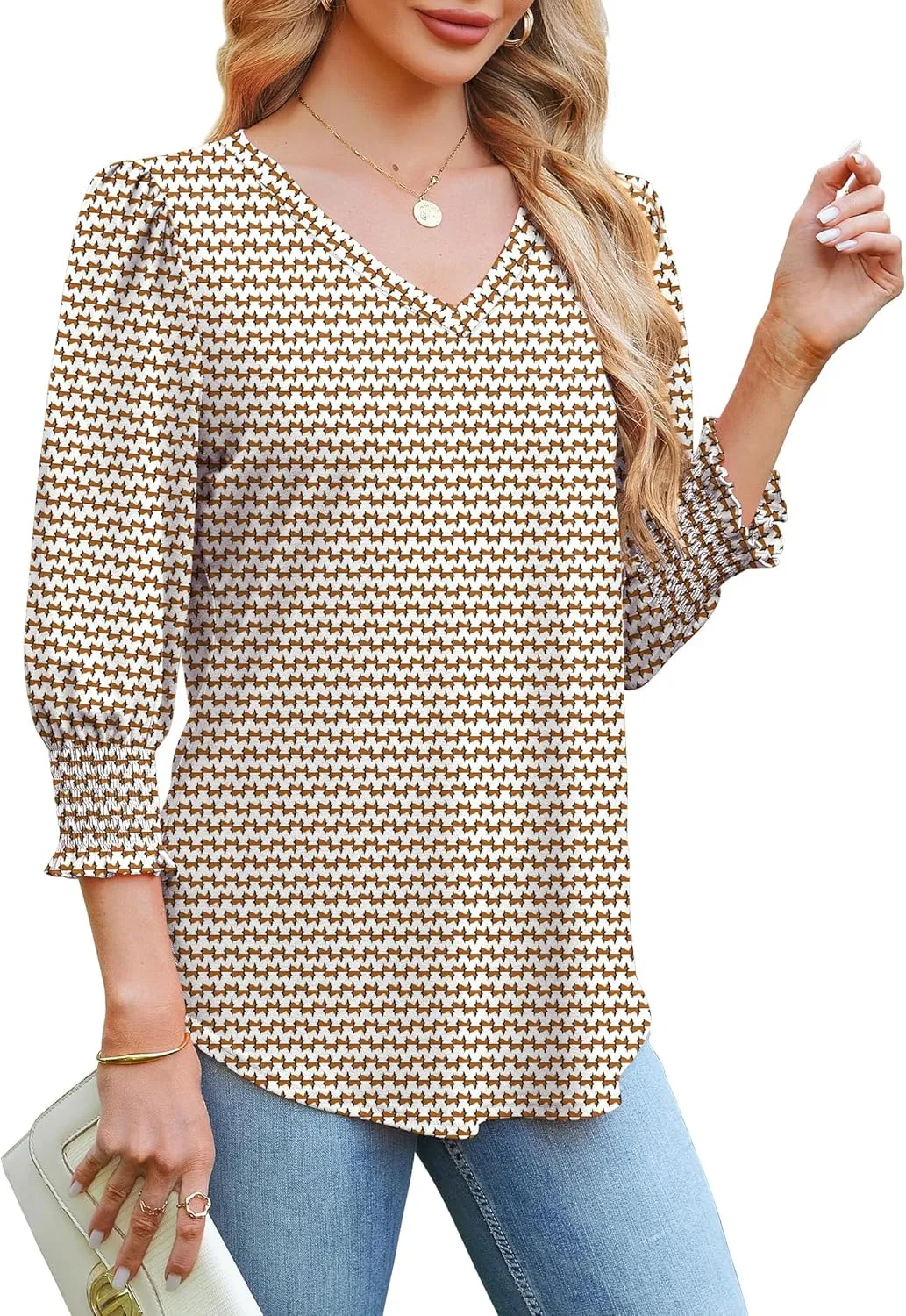 SAMPEEL 3/4 Length Sleeve Womens Tops Dressy Casual Blouses V Neck T Shirts with Smocked Cuffs