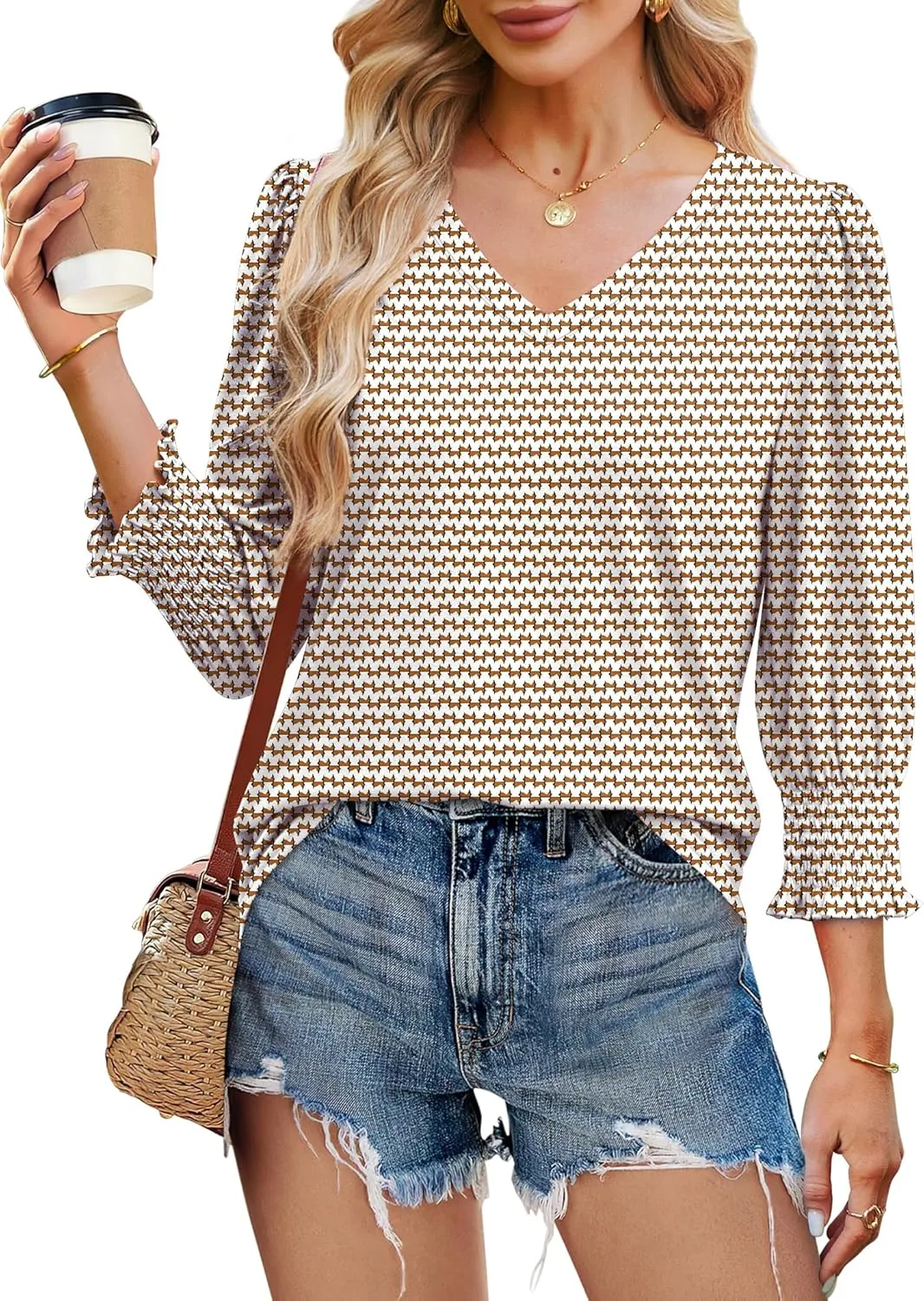 SAMPEEL 3/4 Length Sleeve Womens Tops Dressy Casual Blouses V Neck T Shirts with Smocked Cuffs