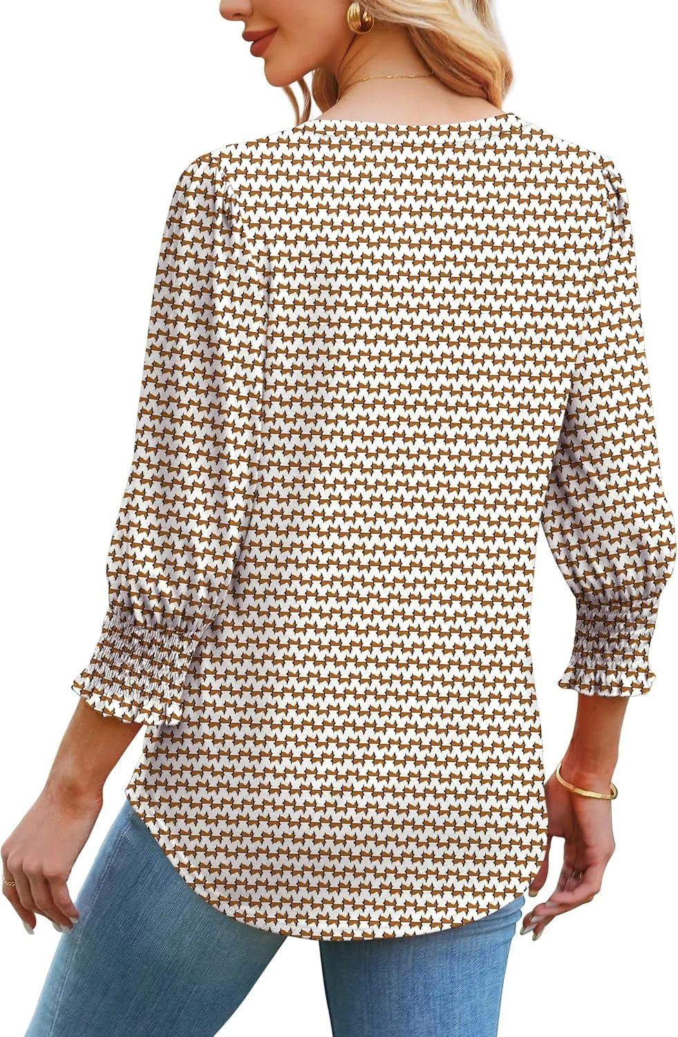 SAMPEEL 3/4 Length Sleeve Womens Tops Dressy Casual Blouses V Neck T Shirts with Smocked Cuffs